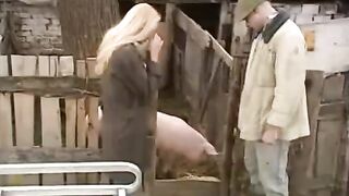 A hot slut is having fun with a guy in the Russian village