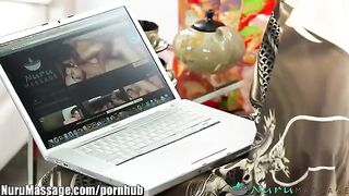 Asian beauty gets her tight pussy railed after taking oil massage
