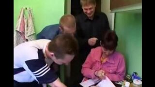 A Russian woman with big natural boobs has sex with four men