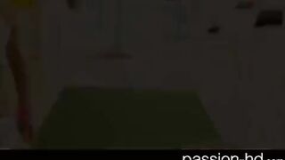 A cute brunette with natural boobs fucks while listening to music