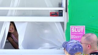 A stunning brunette has sex right in the diner on wheels, ending with a hot finish