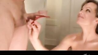 A girl with big tits makes a passionate blowjob and gets cum on her boobs