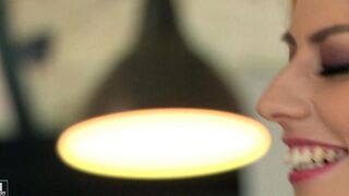 A girl in stockings exposes her ass and gets fucked