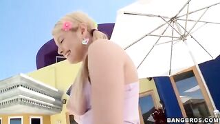 A cute blonde girl sucks a long dick with passion