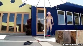 A cute blonde girl sucks a long dick with passion