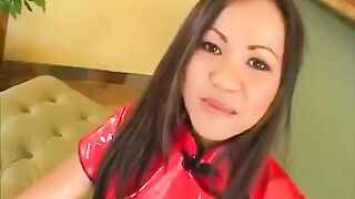 A beautiful Korean woman makes a blowjob to two guys in an intense scene