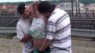 Amateur brunette with natural tits fucked by two guys in an intense threesome