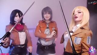 Cosplay threesome with wet pussies and close-up licking action in HD