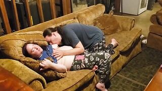 The guy is eating the wet pussy of his fat wife in a steamy scene