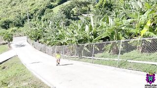 The girl ran into the house, her boobs bouncing wildly