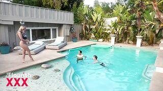 Two students have a steamy encounter by the pool, showcasing their skills