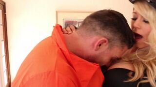 A beautiful police officer got fucked by a fugitive criminal on the couch
