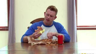 A husband watches as his wife fucks a cucumber