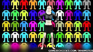 Sexy blonde teen dances and strips in front of a crowd of horny guys