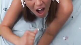 Standing doggy with smooth teen, amazing oral sex and load on the bed