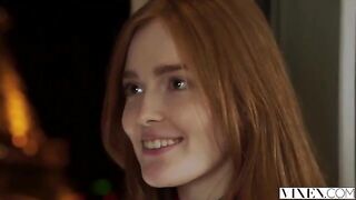 The guy thoroughly licked the red hair of a hot girl