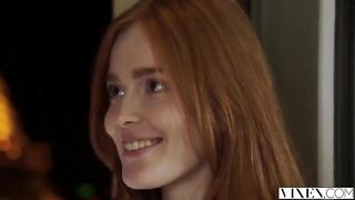 The guy thoroughly licked the red hair of a hot girl