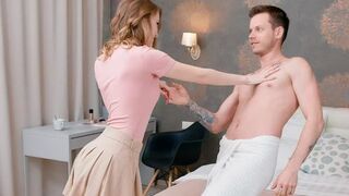 A couple talks in bed, completely naked, it's very hot