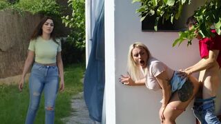 A woman is meeting someone in the shed for some intimate fun