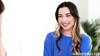 Two young sluts share a guy’s cock in his mouth in an intense FFM threesome