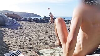 Two hot girls almost got caught jerking off on a nude beach