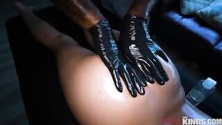 A nice guy gives a massage to his girlfriend and caresses her pussy in oil