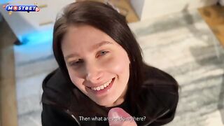 The man called the girl to him after the training and treated her to his cock