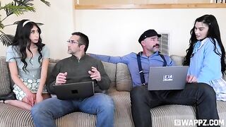 A group of young beauties gave the stepfather a stunning surprise on the couch