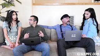 A group of young beauties gave the stepfather a stunning surprise on the couch