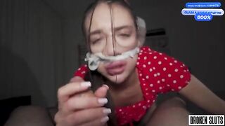 Submissive teen 18+ begs to be used by two men in a rough threesome