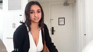 A busty businesswoman gets fucked by her coworker without a condom during a trip