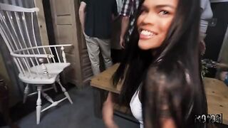 The cute girl licks the guy's cock until the last drop