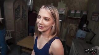 The cute girl licks the guy's cock until the last drop