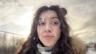 A man had a cumshot on his face while walking on the street