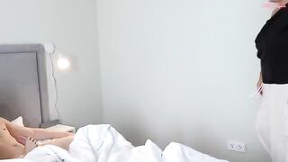 The cute girl bounces on a big mom's boobs, getting wild and passionate