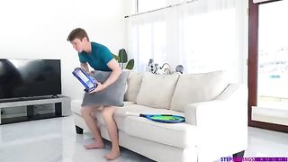 The man gently fucked on the couch a brunette with small tits