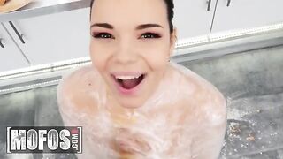 The hot brunette babe Sofia Lee helped Jordi in the kitchen with her big tits