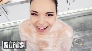 The hot brunette babe Sofia Lee helped Jordi in the kitchen with her big tits