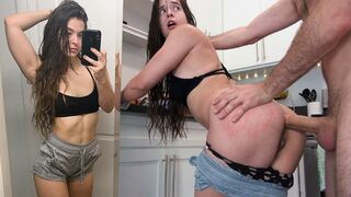 First-time anal sex leads to multiple orgasms for stunning brunette Abbie Maley, who is ass-fucked by the well-known American porn actor James Deen. This intense scene showcases Abbie’s fit physique and small tits, perfectly complementing the rough and ha