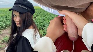 The girl was collecting seeds, but the boy interrupted her for sex