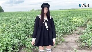 The girl was collecting seeds, but the boy interrupted her for sex