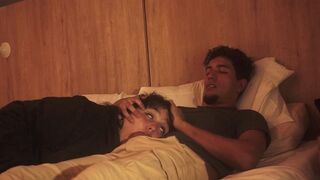 A blowjob in bed, lazy but so deep it shakes him up