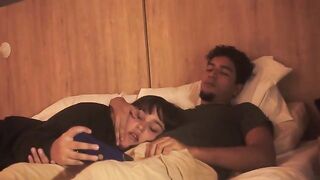 A blowjob in bed, lazy but so deep it shakes him up