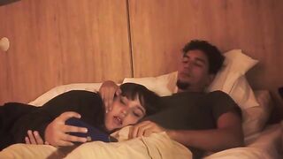 A blowjob in bed, lazy but so deep it shakes him up