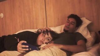 A blowjob in bed, lazy but so deep it shakes him up