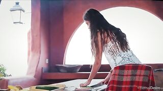 Masturbating with her fingers, the girl brought herself to a strong orgasm, her legs gave way