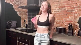 A beautiful woman received a hard cock as a reward in the kitchen