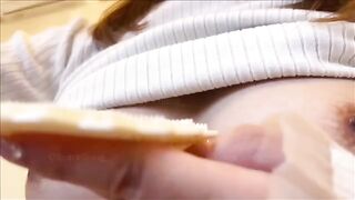 A girl with big boobs masturbates her nipples until she comes