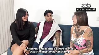 A girl has sex with her boyfriend and her roommate in a steamy scene