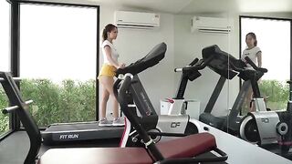 A girl is jumping on dick of her boyfriend in gym